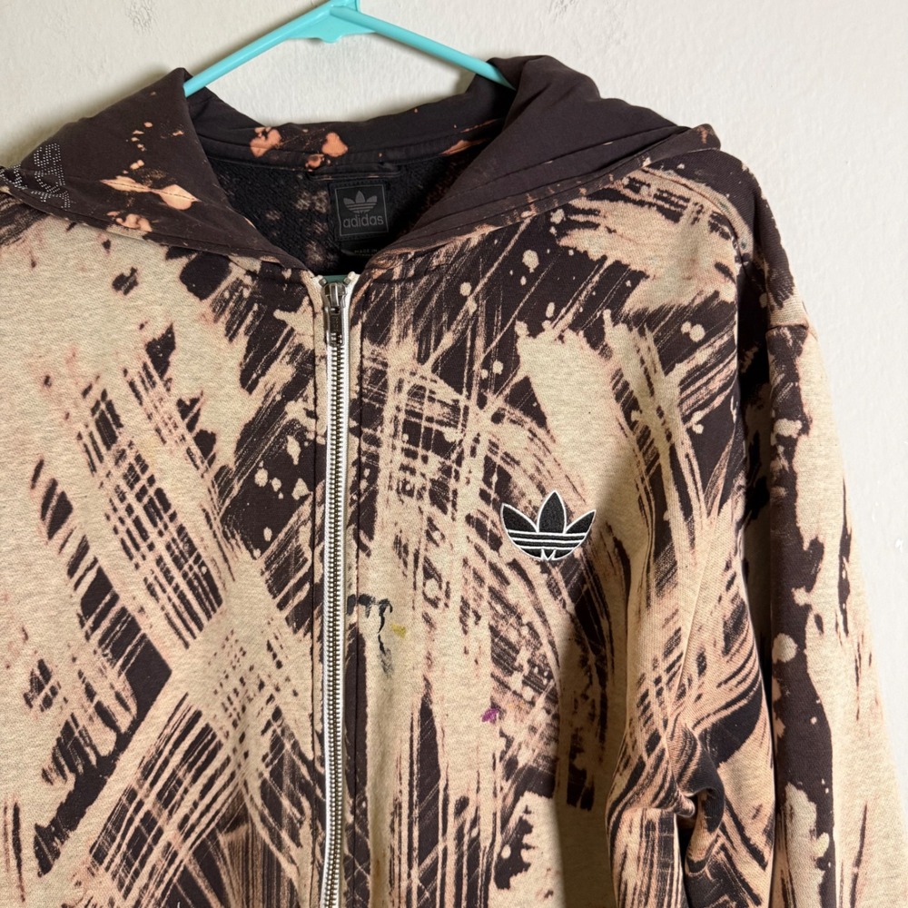 Adidas Originals Mens Bleached Distressed Zip Hoodie Brown Abstract Trefoil L - Picture 2 of 8